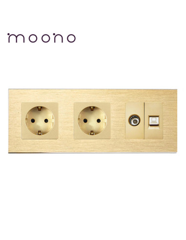 Priză dublă Schuko + TV + Date RJ45 CAT5e, ramă aluminiu, Moono, auriu