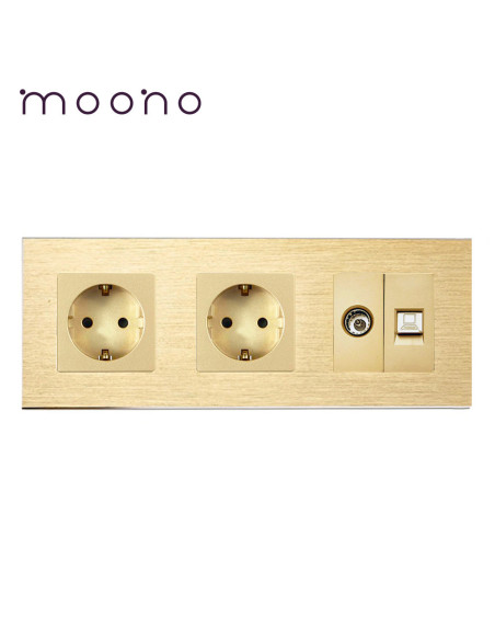 Priză dublă Schuko + TV + Date RJ45 CAT5e, ramă aluminiu, Moono, auriu