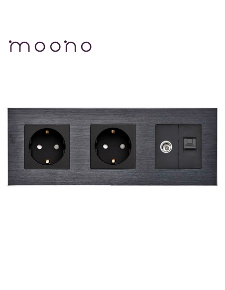 Priză dublă Schuko + TV + Date RJ45 CAT5e, ramă aluminiu, Moono, negru