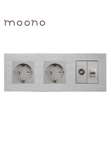 Priză dublă Schuko + TV + Date RJ45 CAT5e, ramă aluminiu, Moono, gri