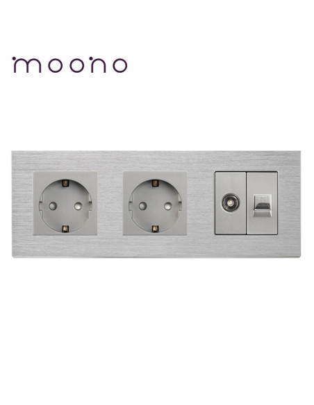 Priză dublă Schuko + TV + Date RJ45 CAT5e, ramă aluminiu, Moono, gri