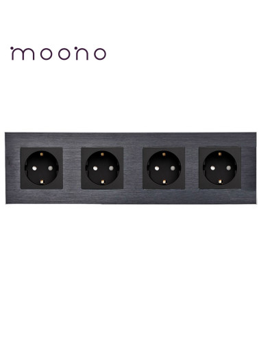 Priză Schuko cvadruplă, ramă aluminiu, Moono, negru