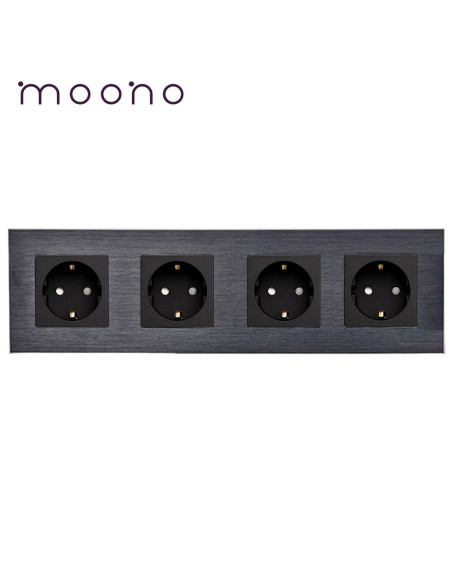 Priză Schuko cvadruplă, ramă aluminiu, Moono, negru