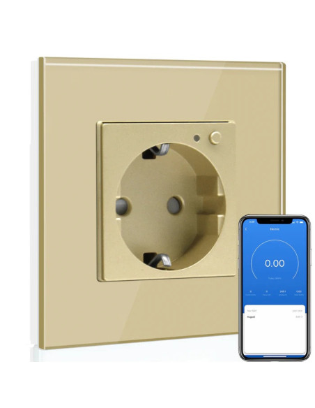 Priză Schuko Smart WiFi Moono, Ramă Sticlă, TUYA, auriu